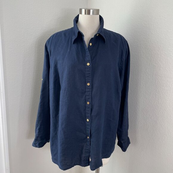 Chaps Classics Womens Plus 2X Blue Button Up 100% Linen Shirt Roll Tab Sleeve - Picture 1 of 9
